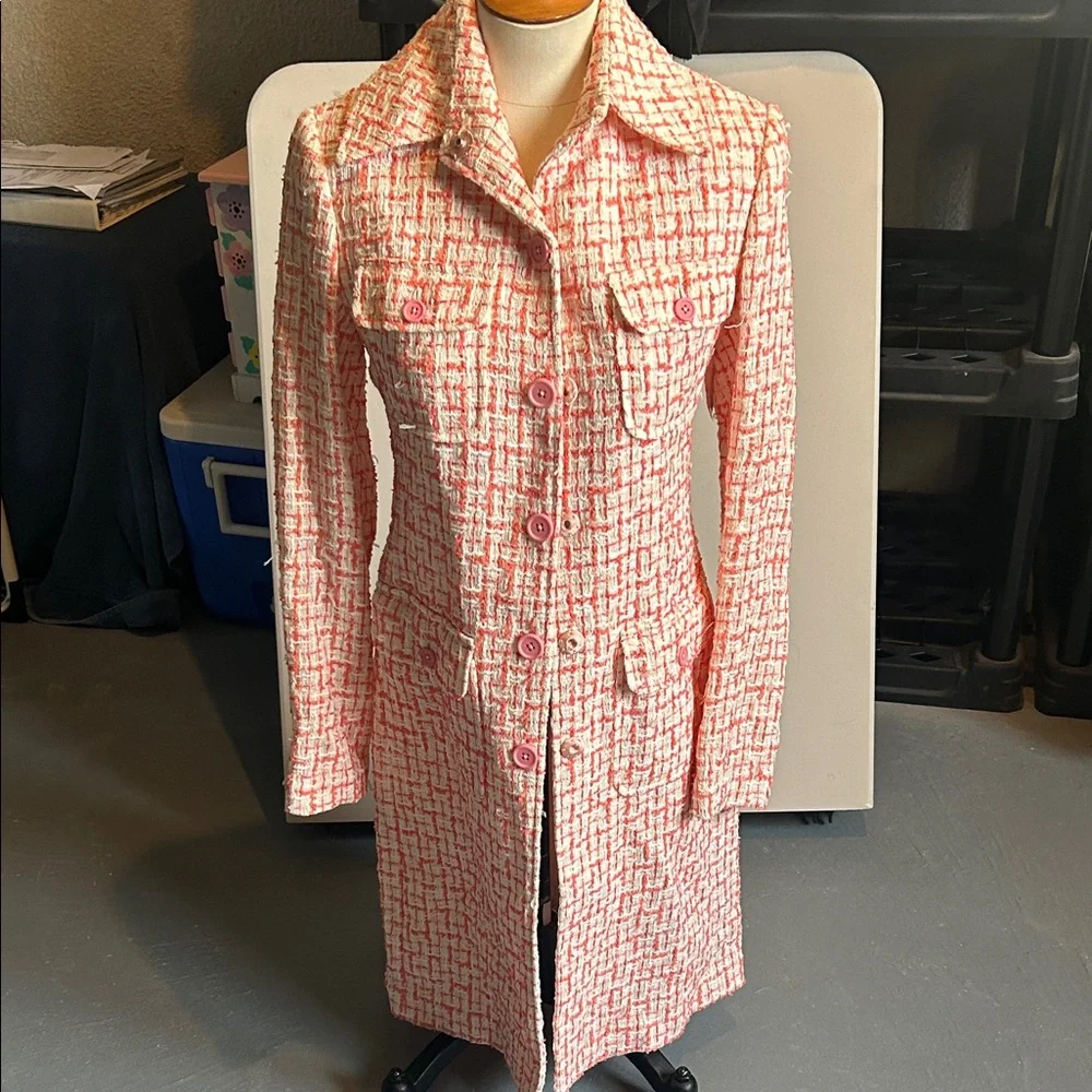 Monique Lhuillier Pink and White Tweed Trench Coat
